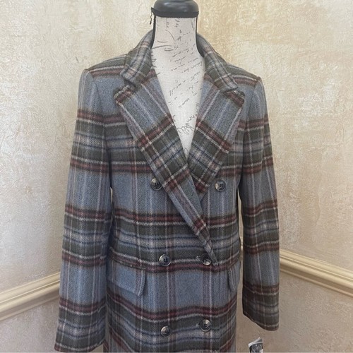 Lauren Ralph Lauren zweireihiger karierter klassischer Midi-Wollmantel blau grau Gr. 10 - Bild 3 von 14