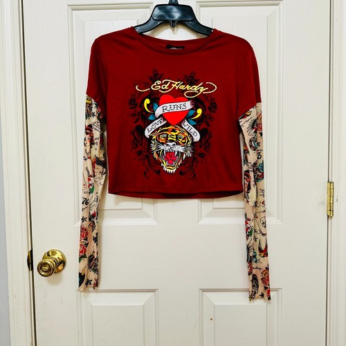 DON ED HARDY LOVE RUNS WILD SIGNATURE TIGER LOGO TATTOO SLEEVE CROPPED TOP LARGE