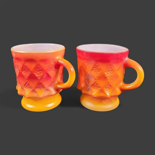Kimberly Diamond Coffee Mug Pair Fire King Red Orange Gradient  Anchor Hocking