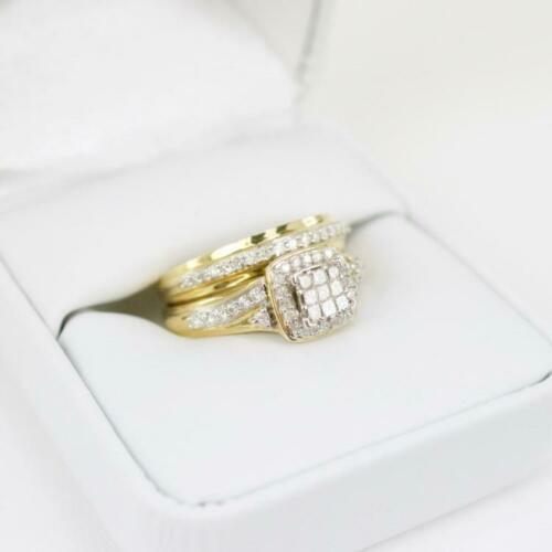 3 CT Moissanite Trio Halo Engagement Ring & Eternity Band Set Yellow Gold Plated - Imagen 4 de 5