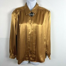 Vintage Impressions Womens Top Sz 12 Metallic Gold Long Sleeve Front Pleats 80s