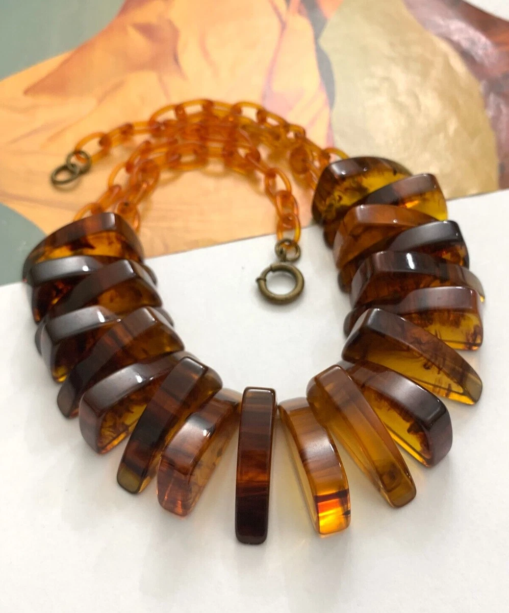 Rare Art Deco Marbled Root Beer Bakelite Necklace Celluloid Chain