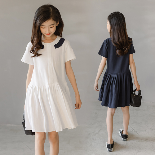 Summer Girl Casual Colorblock Crew Neck Pleated College Style Short Sleeve Dress