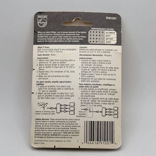 NEW Philips Brand Three Way SPLITTER Item# PH61001 Sealed - Picture 3 of 3