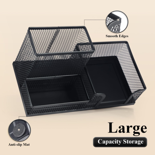 Mesh Pen Holder Desk Organizers Pencil Holder for Desk Black, 3 Compartments Met - Picture 4 of 12