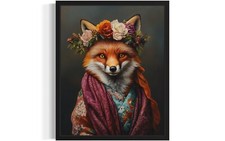 Red Fox Animal with flowers Bathroom Art Print Poster Wall Art Painting