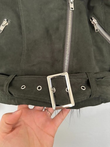 UNIF Berlin Fur Trim Bomber Jacket Suede Green Zipper Orange Lined Women's Sz XS - Picture 5 of 9