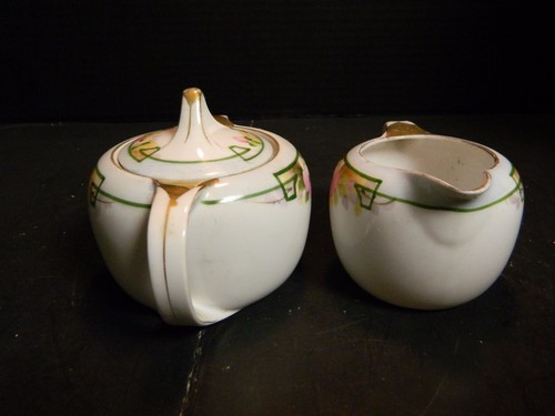Vintage Hand Painted Nippon Porcelain Sugar Bowl & Creamer Gold Trim Excellent - Picture 4 of 9