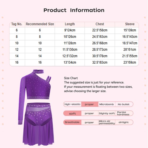 Kids Girls Ballet Lyrical Dance 2 Piece Sparkly Crop Top with Asymmetric Skirt - Picture 97 of 111