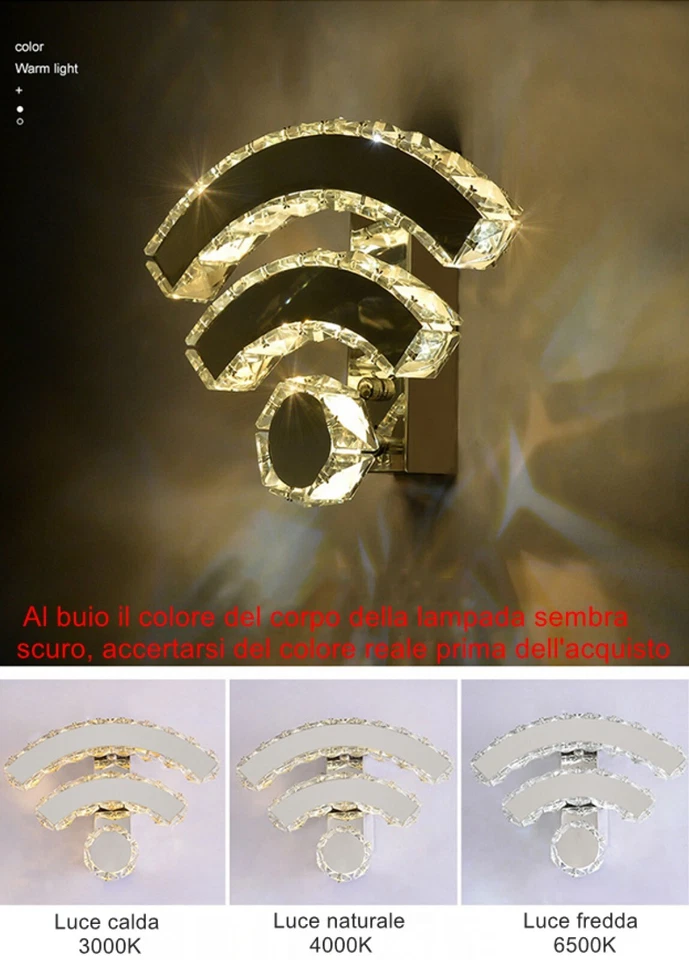 Applique da Parete LED 8W Wifi Effetto Cristallo Argento Cromato IP20 Interni - Immagine 3 di 4