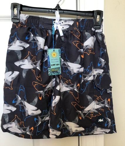 NWT Heat Swimwear Gray Sharks Prints SPF 50+ Juniors Board Shorts size L (10-12)