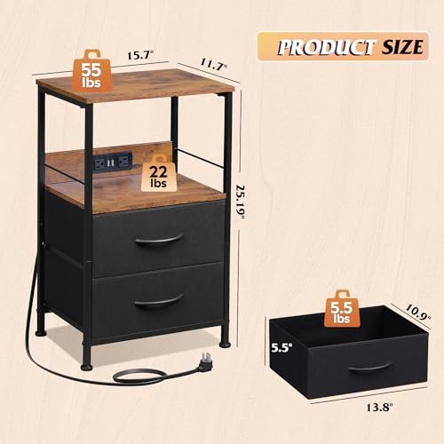 Nightstand with Charging Station, LED Night Stand with 2 Fabric Drawers and - Bild 3 von 6