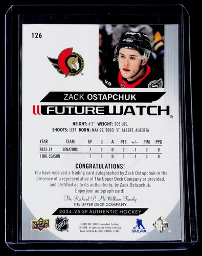 2024-25 SP Authentic Future Watch Autographed Zack Ostapchuk #126 Ottawa Senator - Picture 2 of 3