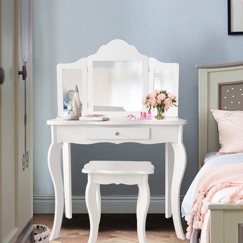 Vanity Table Set Makeup Dressing Table Kids Girls Stool Mirror - Picture 9 of 9