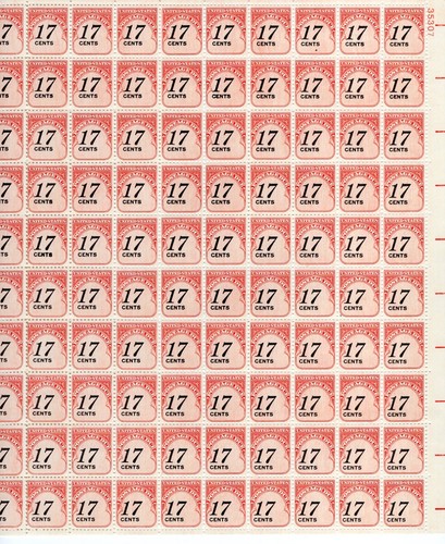 1985 17 cent affrancatura dovuta foglio completo di 100, gomma opaca, Scott #J104, Mint NH