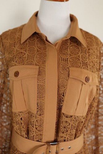 Boston Proper Women's Brown Tan Lace Boho Belted Utility Collared Jacket M - Picture 7 of 15