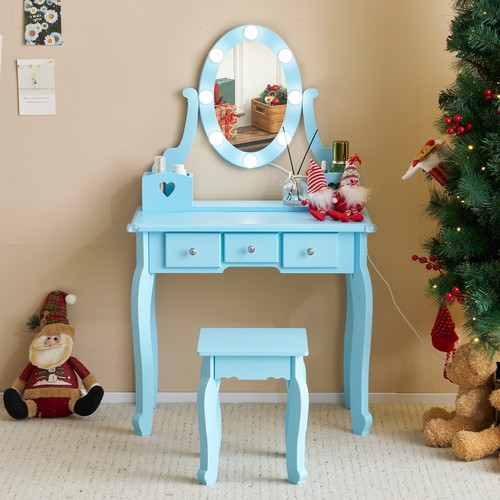Kids Vanity Set with Mirror and Lights 5 Storage Drawers Makeup Table Stool Blue - Picture 5 of 12