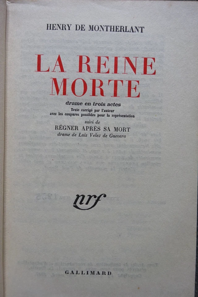 MONTHERLANT-LA REINE MORTE-1947-LITTÉRATURE-E.O. CARTONNAGE PAUL BONET - Photo 2/4