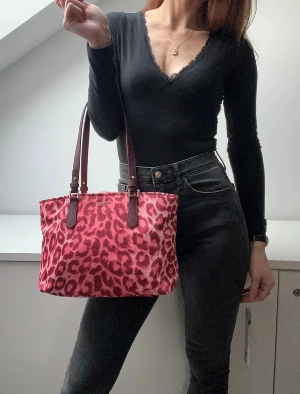 KATE SPADE Taylor Leopard Medium Tote Shoulder Bag Pink Red Multi Nylon Zip Top - Image 4 of 4