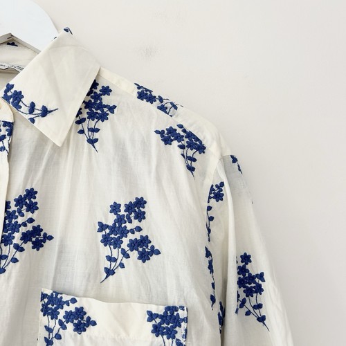 Zara Embroidered Boyfriend Shirt Cotton Oversized M Cream Blue Feminine Minimal - Picture 4 of 8