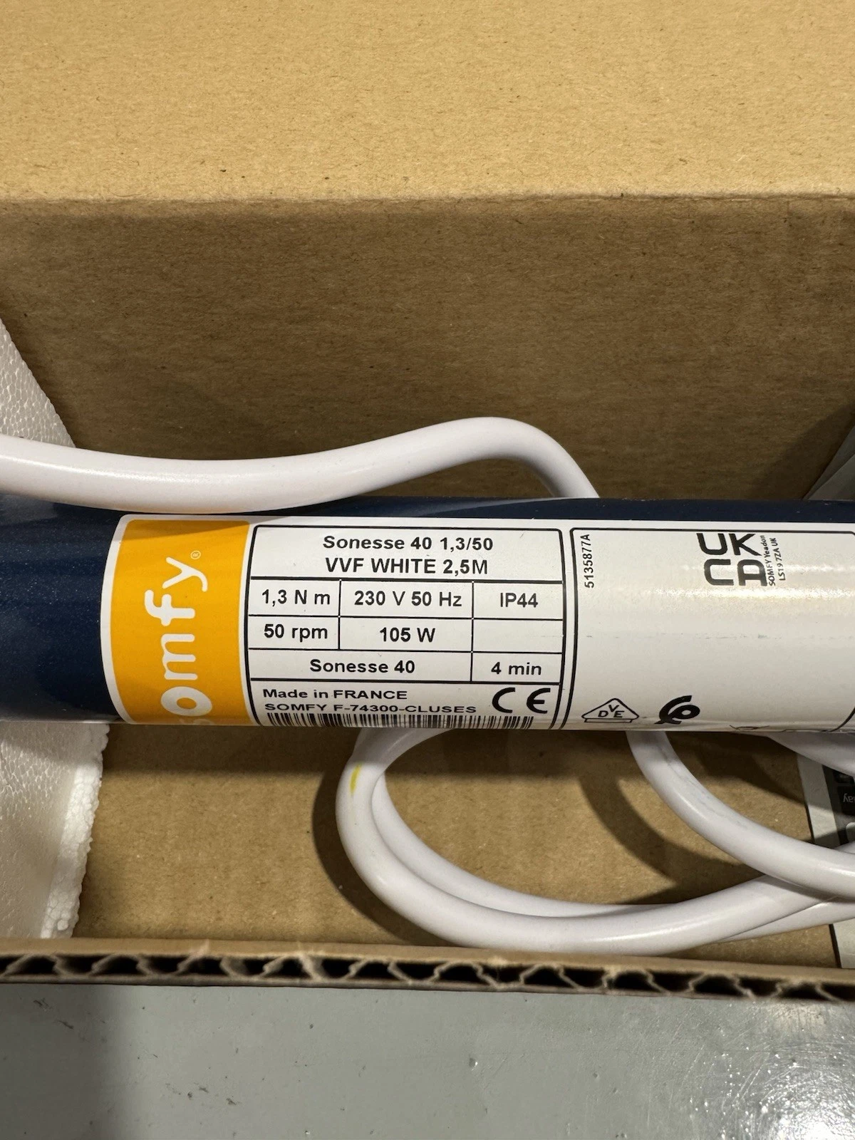 Somfy Sonesse 40 1.3/50 VVF White 2.5m Cable 230V 50Hz IP44 Brand New 1002942B 2