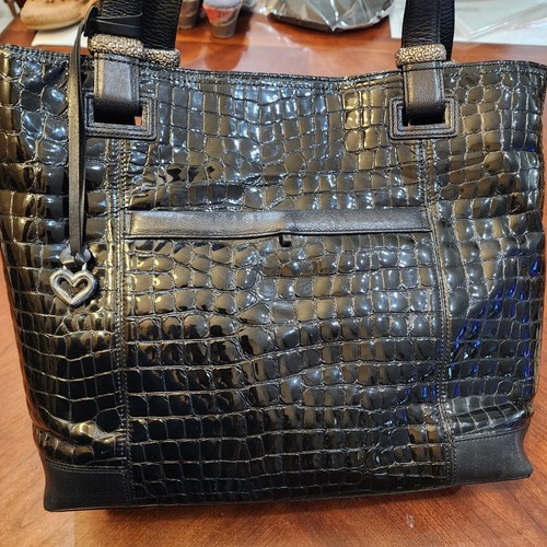 Brighton Black Patent Leather Croc Embossed Hobo Lightweight Tote Shoulder Bag - Picture 17 of 24