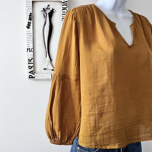 Madewell 100% Cotton Shirred-Neck Balloon Sleeve Antique Gold Top Size XXS - Picture 4 of 8