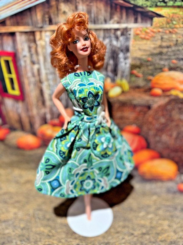 OOAK  BARBIE Green Print Dress - FASHION ONLY Very Chic!