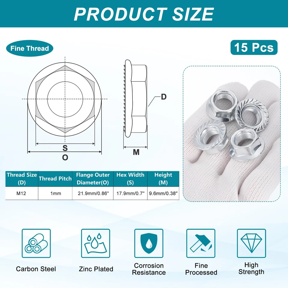 M12x1 mm gezahnte Flansch-Sechskant-Sicherungsmuttern, 15 Stück Mutterbefestigungen, silber - Bild 2 von 4