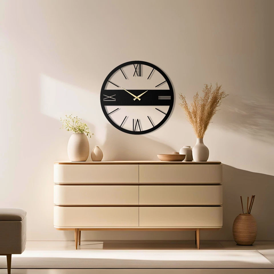 Reloj de metal de lujo moderno negro, reloj de pared de gran tamaño, reloj silencioso sin tictac Foto 2 de 4