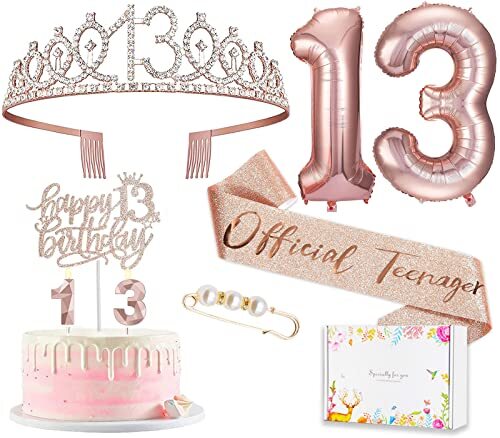 Rosegold 13. Geburtstag Deko Paket Diadem Schärpe Tortenaufleger Kerzen Luftballons - Bild 1 von 8