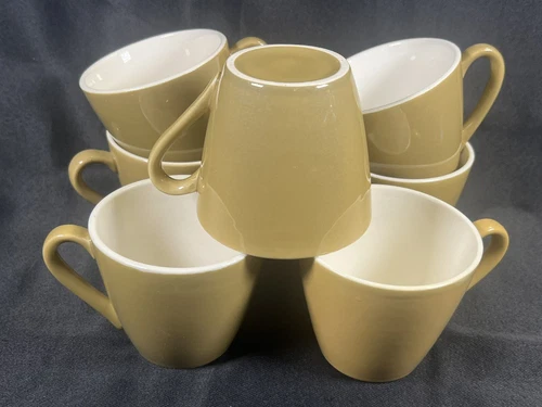 Vintage Set 7 Ceramic Coffee Cups Mugs Mustard Yellow Olive Restaurant Ware MCM