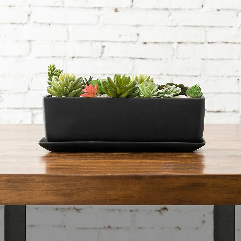 MyGift 14-Inch Rectangular Modern Ceramic Succulent Planter Pot, Matte Black - Image 4 of 4