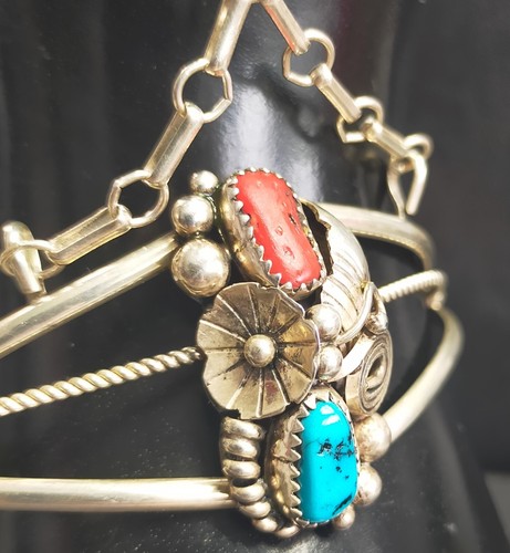 Hecho a mano Nativo Americano Navajo Turquesa Coral Esclavo Brazalete y Anillo Unido Talla M - Imagen 3 de 6