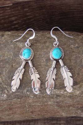 Navajo Turquoise Sterling Silver Feather Dangles Navajo Turquoise Sterling Silver Feather Dangles