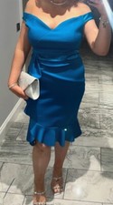 Lipsy Blue Teal Bardot Bodycon Dress 12 Satin  Occasion Party Wedding Evening