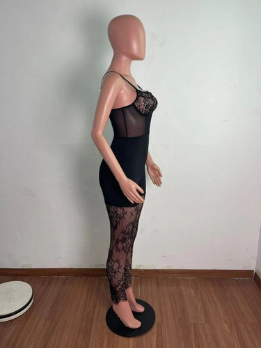 Nuevo Mujeres Sexy Mono de Club Sólido con Correa de Espagueti Malla Retazos Ajustado - Imagen 7 de 11