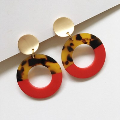 Faux Tortoises Red Round Hoop Drop Clip On Acrylic Earrings Hoop Drop Clip On Acrylic Earrings