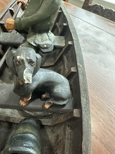 Rare 29" Large Vintage Carved & Painted Resin Fisherman w/ Boat and dog /fish - Picture 9 of 15