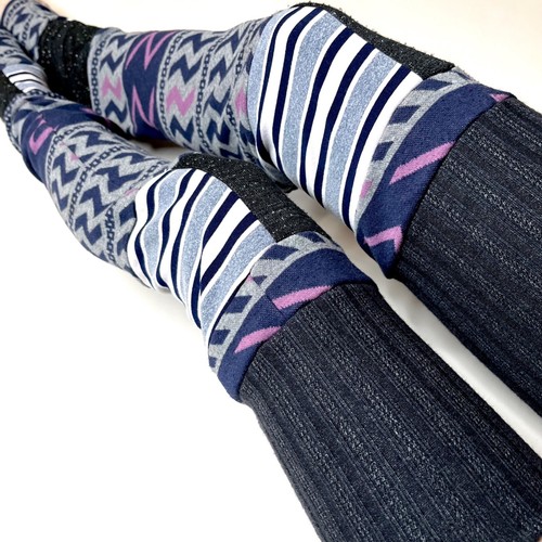 Patchwork Striped Leg Warmers Purple Sweater Knee Socks Gray Knit Thigh Highs OS - Picture 8 of 9