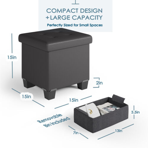 15" Storage Ottoman Cube with Storage Bin, Faux Leather / Fabric Footrest Chest - Picture 49 of 78