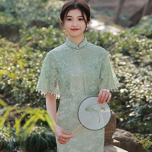 Lady Midi Evening Party Prom Red Lace Cheongsam Retro Cape Shoulder Qipao Dress - Picture 9 of 17