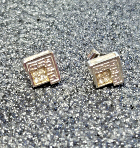 Silver Tone Clear Rhinestone Square Shaped Stud Costume Earrings Stamped 2505 - Bild 8 von 8
