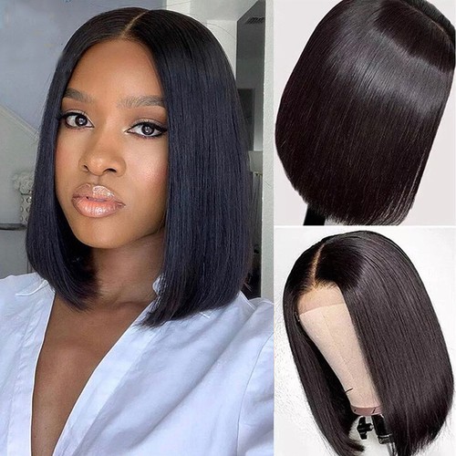 Heat Resistant Short Bob Synthetic Lace Front Wigs Glueless Black Straight Hair - Picture 2 of 13
