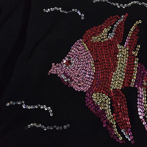 Quaker Factory Blouse Top 3/4 Sleeves Colorful Fish Sequence 3X Pullover Black - Picture 15 of 24