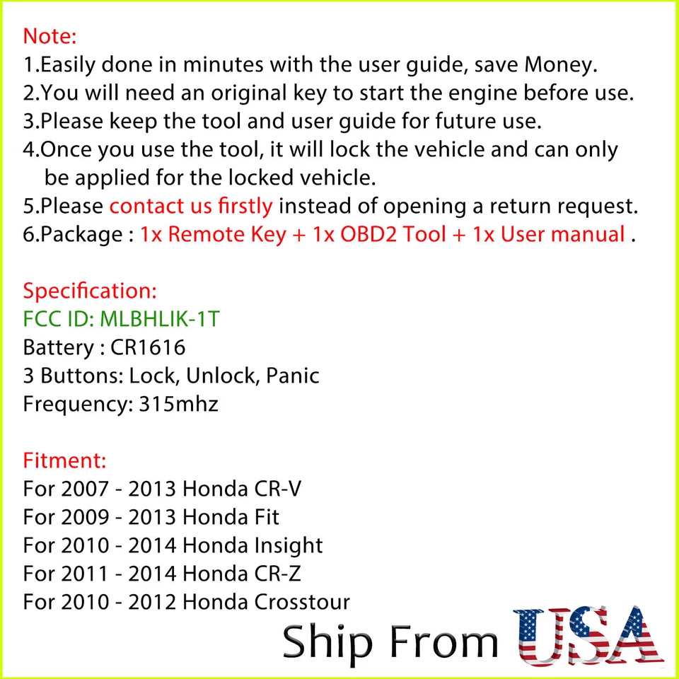 Para 2010 2011 2012 2013 Honda Fit CR-V CR-Z Mando a distancia Llavero Programador MLBHLIK-1T Foto 2 de 4