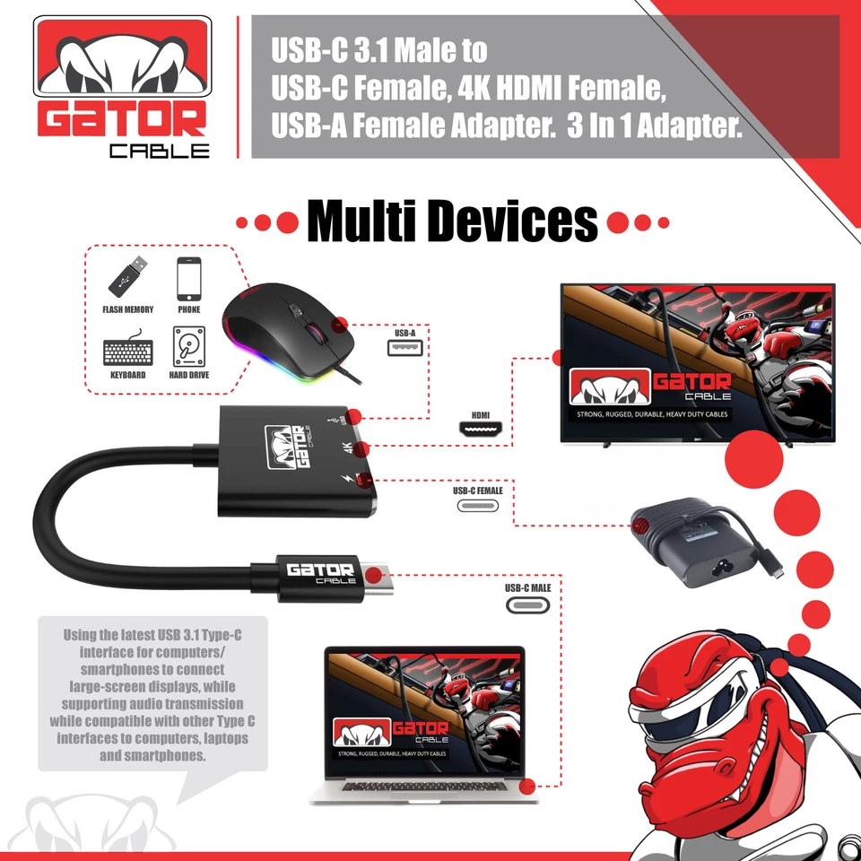 USB-C转HDMI USB-C USB-A 3.0适配器转换器3合1充电器音频视频4K高清 — 第 4/4 张图片