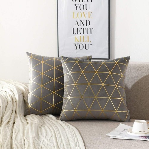 Pack of 2, Velvet Cushion Cover Gilded Throw Pillow Covers Gold Lines 45 x 45 cm - Picture 15 of 20