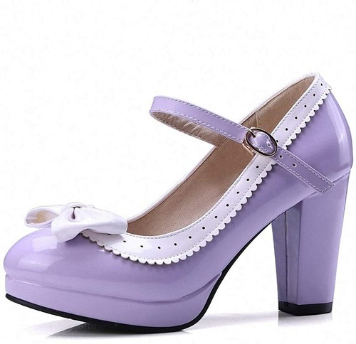 Hilib Damen High Heel Lolita Schuhe süße Schleife Mary Jane Schuh lila Größe 8 - Bild 7 von 7