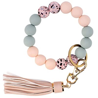 Keychain Bracelet Silicone Key Ring Wristlet with Leather 2.5 inch Light Pink
